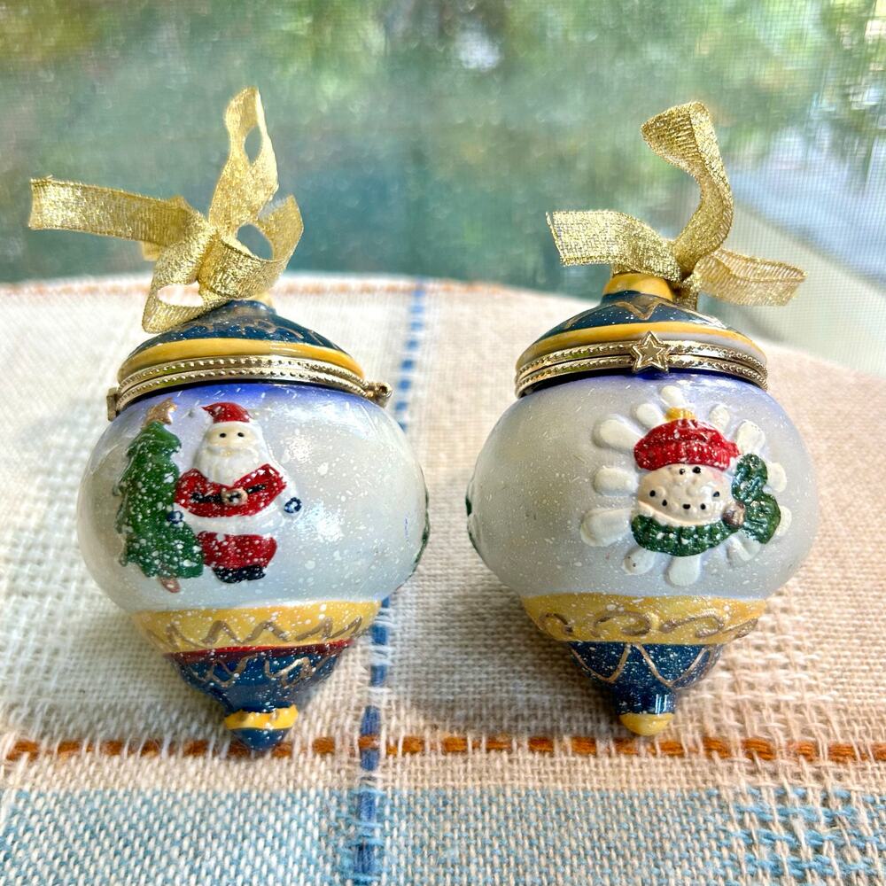 Vintage Christmas Ornament Hinged Porcelain Trinket Boxes – Santa & Snowman